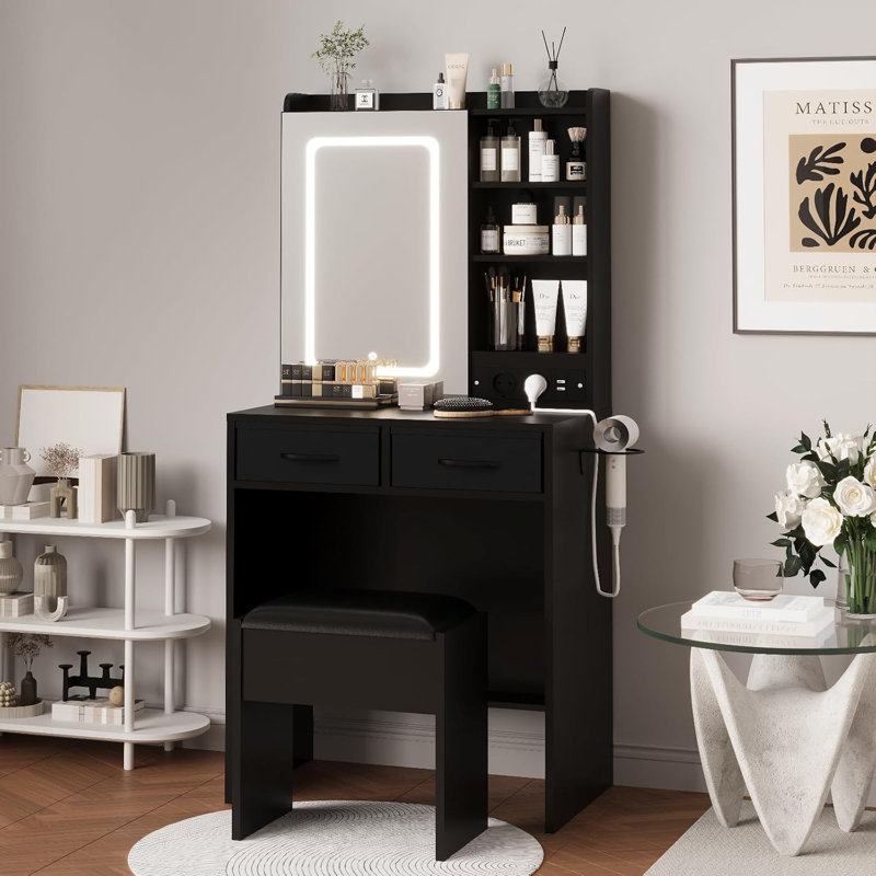 Makeup Vanity Desk with Mirror and Lights, Vanity Table with Charging Station, Power Outlets & USB Ports, Drawers, Shelves, Stool Included, LED Vanity Desk for Bedroom