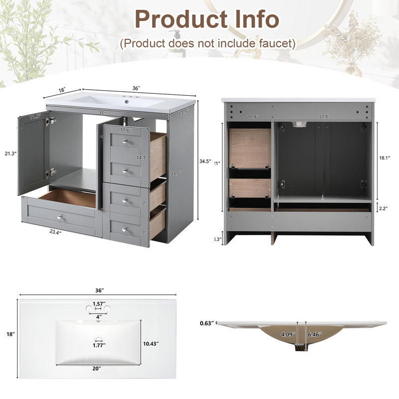 36" Free-Standing Bathroom Vanity Cabinet With Ceramic Sink,Bathroom Storage Cabinet,Grey, Gray