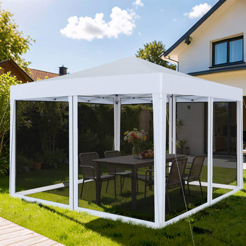 10 FT x 10 FT Pop-Up Canopy Tent with Mesh Netting, Carry Bag, 8 Stakes & 4 Ropes White, White