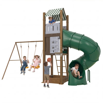 All-in-1 Backyard Swing Set with Turbo Tube Slide for Kids 3-10, Heavy-Duty Galvanized Steel Outdoor Playset with Climbing Ladder, Sandbox, Hoop
