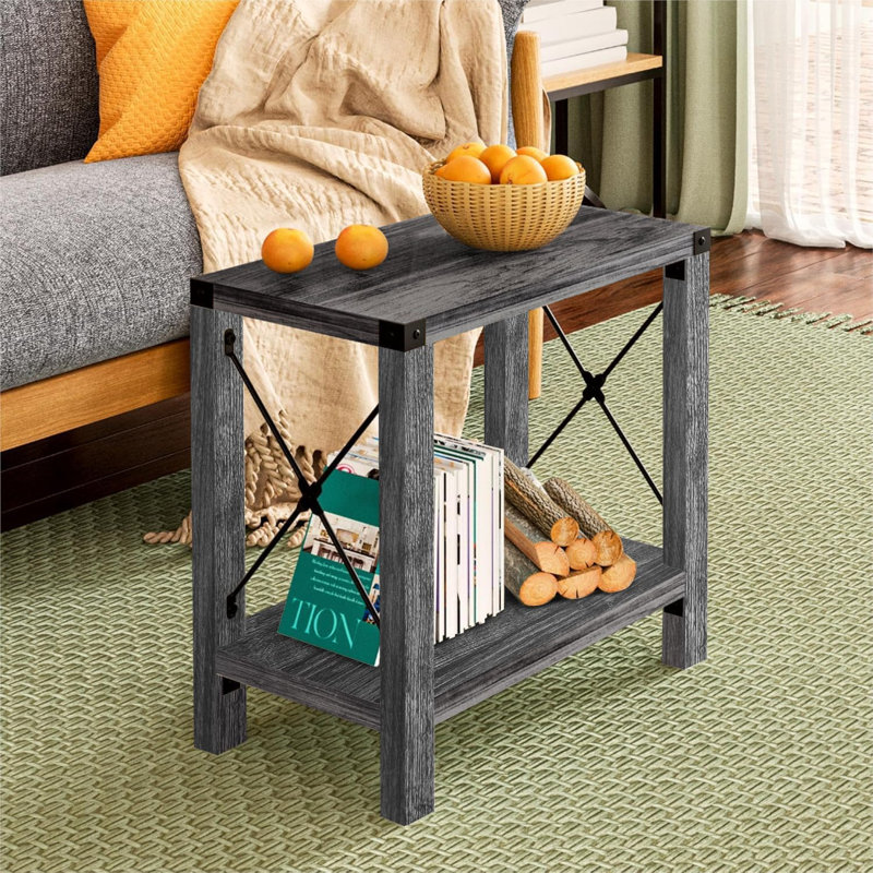 Gray Rustic X-Design MDF End Table Set with Storage Shelf