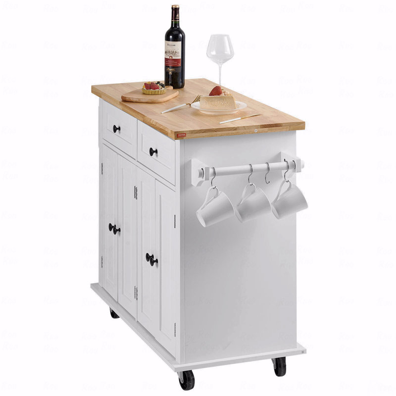 Îlot de cuisine avec plateau en bois massif, chariots mobiles d'une largeur de 35,4 po avec armoire de rangement, table de cuisine roulante avec support à épices, porte-serviettes et tiroir, îlots sur roulettes portables