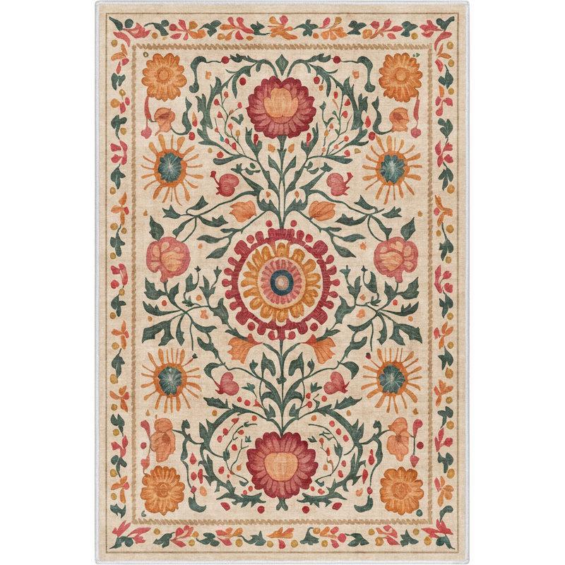 Suzani Beige 3'3" x 5' Floral Chenille Area Rug
