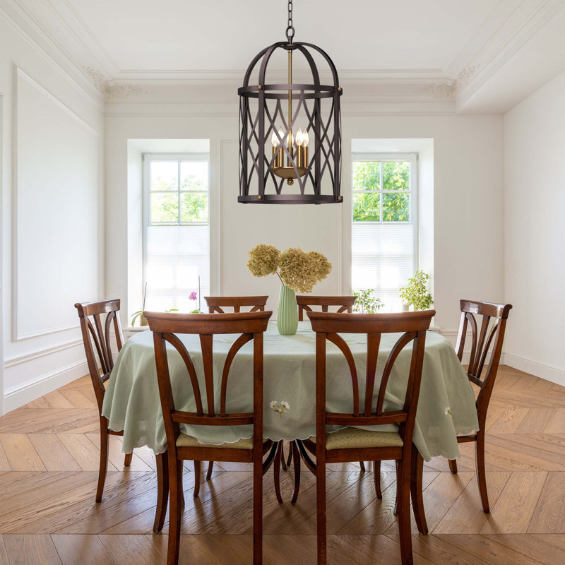 5-Light Indoor Brushed Black Caged Hanging Chandelier with Brushed Brass Candle-Style Inner Candelabra