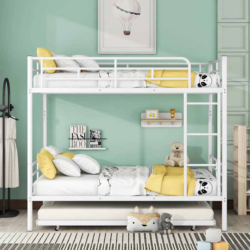 Lit double superposé au dessus d'un lit double avec gigogne, blanc, Blanc, Double sur double