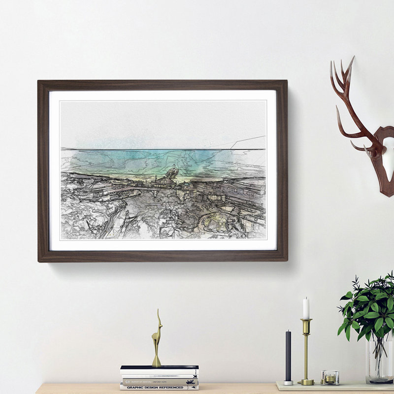 The Bournemouth Coast in Abstract - Picture Frame Drawing Print, Walnut Framed, 36cm H x 48cm W x 2cm D