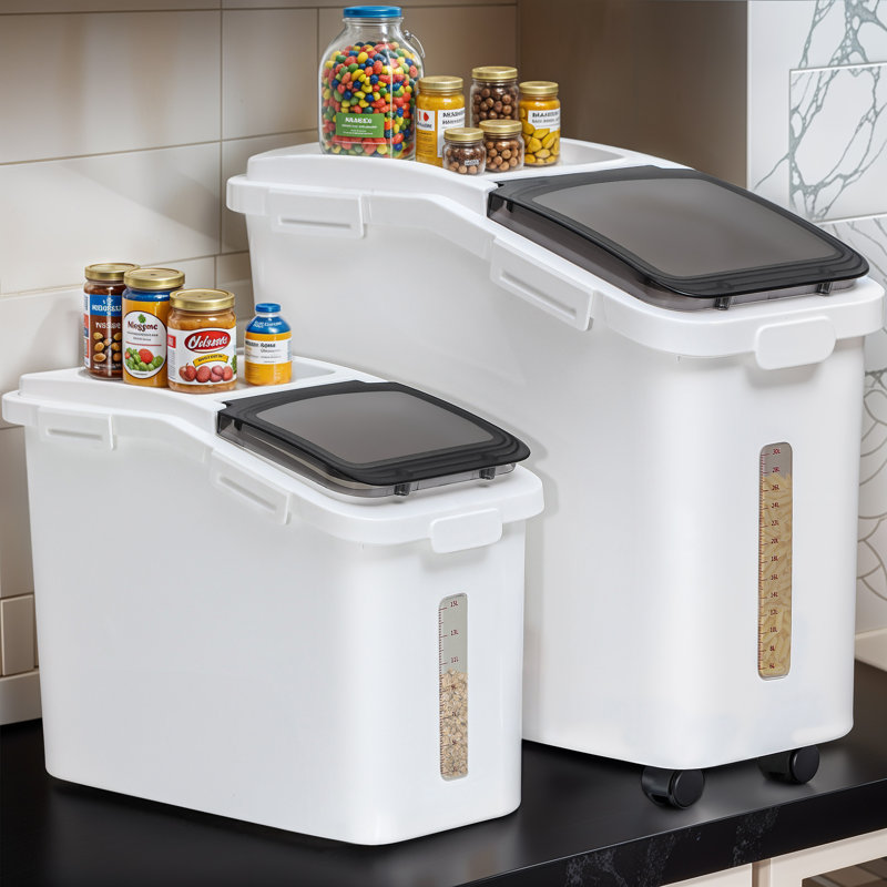 Airtight 2 Piece Food Storage Container Set (11.4 & 5.8 Gal) with Wheels, Measuring Cup & Viewing Window