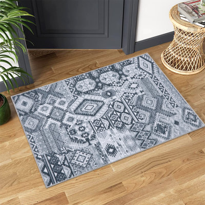 Ryma Gray Vintage Boho Area Rug Washable Patchwork Floor Cover Traditional Geometric Throw Carpet