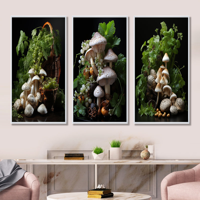 Photo de jardin d'un champignon I - ensemble de 3 décorations murales champignon, Cadre flottant blanc, H 40 po x l 60 po