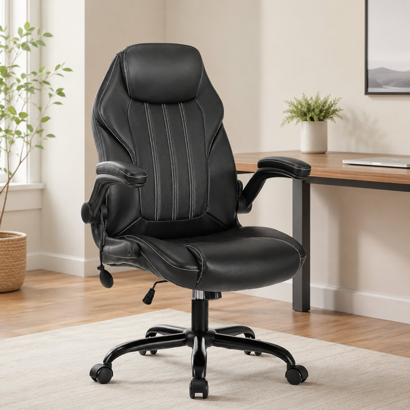PU Leather Executive Chair with Padded Flip-Up Arms, Lumbar Adjustment, Tilt Lock, 360-Degree Swivel for Work and Study