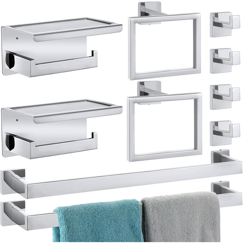 Stainless Steel Bathroom Hardware Set With Towel Bar, Towel Ring, Toilet Paper Holder, Robe Hooks, And Phone Shelf - Wall Mounted Bath Accessories Kit
