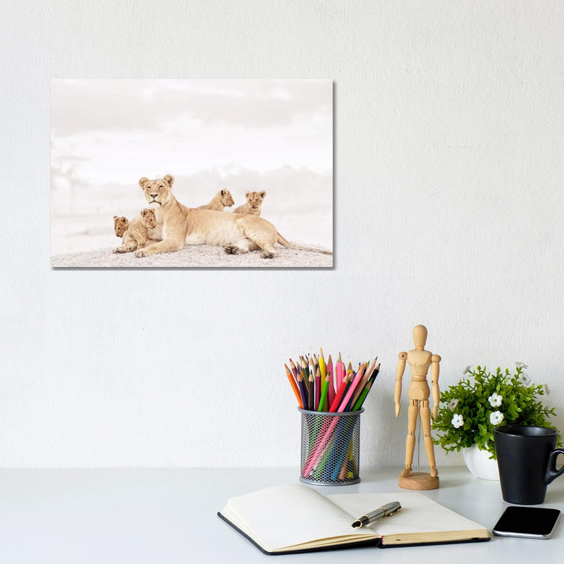 White Lioness & Cubs by Klaus Tiedge - Print on Canvas, 20.32 cm H x 30.48 cm W, Wrapped Canvas