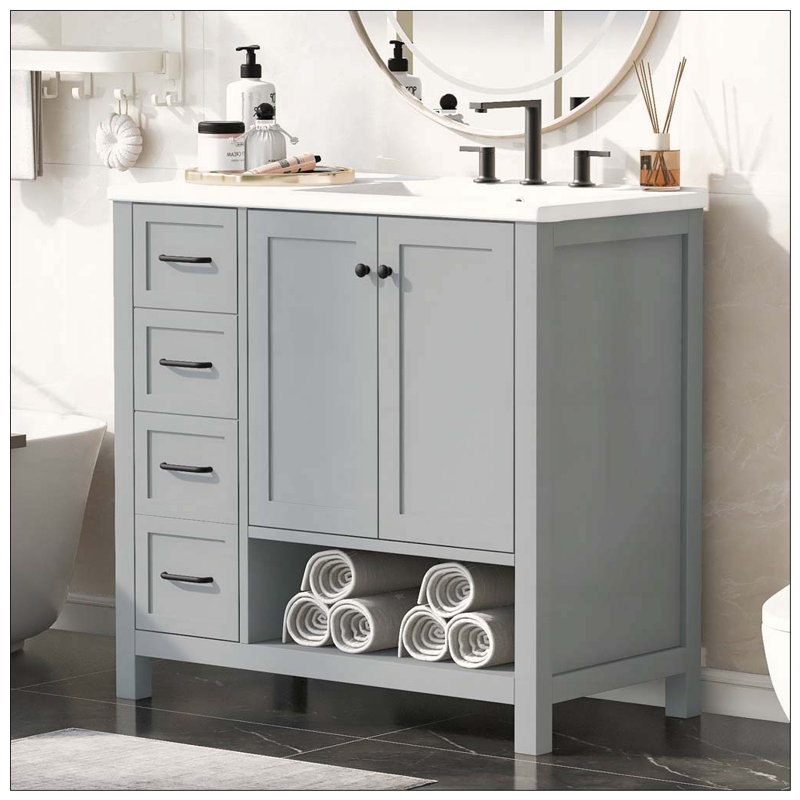 Meuble-lavabo 36 po avec comptoir d'évier, meuble-lavabo avec deux portes et deux tiroirs, bois massif, tablette ouverte