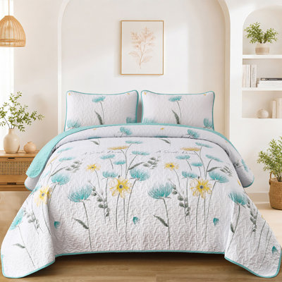 3 Pieces Floral Quilt Set Lightweight Farmhouse Style Coverlet Sets For All Season