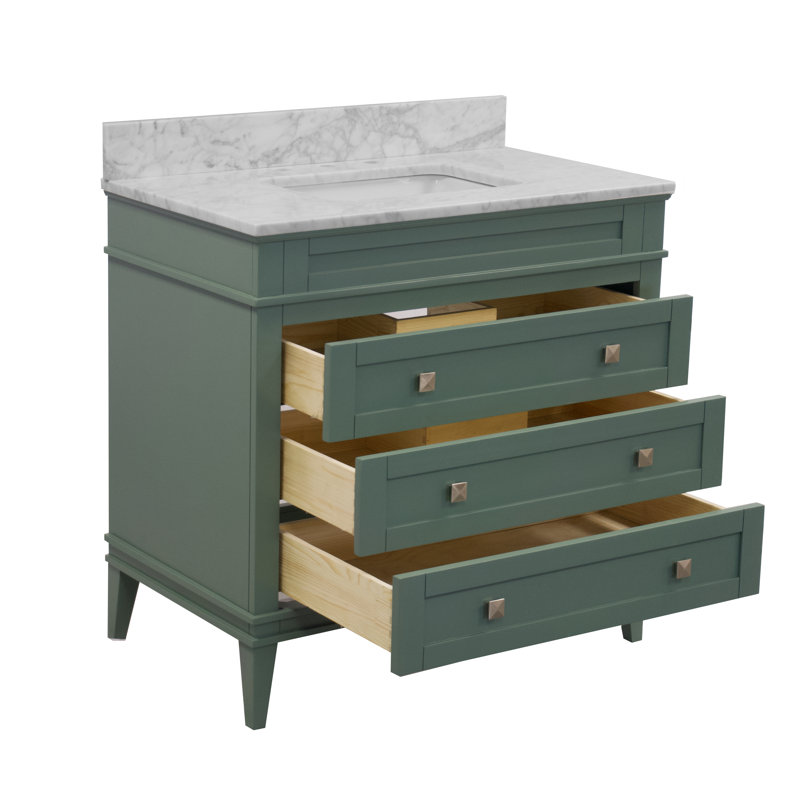 Meuble-lavabo simple 36 po avec comptoir vert sauge et comptoir en marbre de Carrare Whitman, Marbre de Carrare, Vert sauge