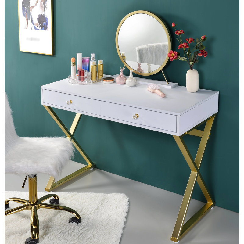 Bureau de meuble-lavabo avec nuances dorées et blanches, meuble-lavabo rectangulaire, poignée en cristal, structure en métal, miroir amovible, plateau à bijoux, glissière de tiroir à 2 ou 3 tiroirs, extension de miroir incluse
