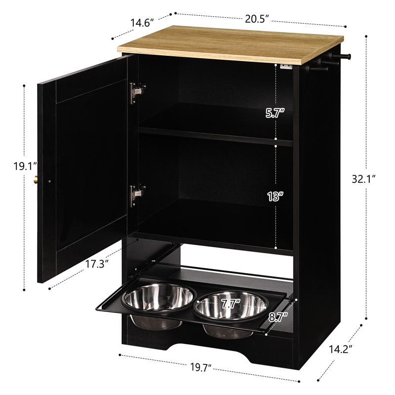 Table d'alimentation noire pour animaux avec armoires de rangement et conception coulissante - Gardez votre maison propre Station d'alimentation 2 bols surélevés 1 armoire, noir, optimisation de l'espace