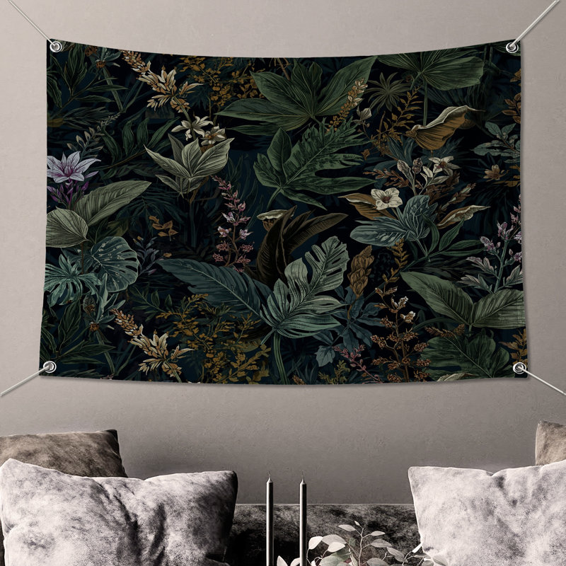 Tropical Foliage Pattern Wall Tapestry - Tropical Wall Decor, 68in H x80in W with 4 Grommets