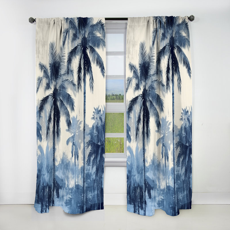 Rideau floral occultant rétro avec palmiers bleus rétro - 1 panneau, L 52 po x L 120 po
