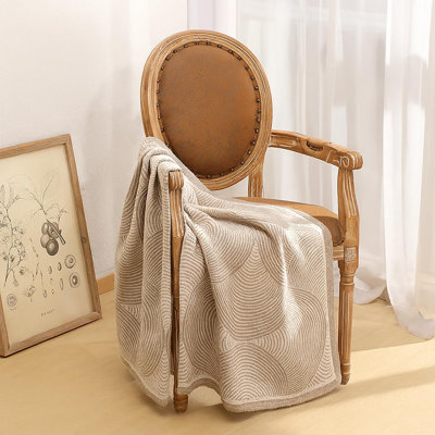 Beige Paisley Jacquard Polyester Wool Blend Throw Blanket 50" X 60" 