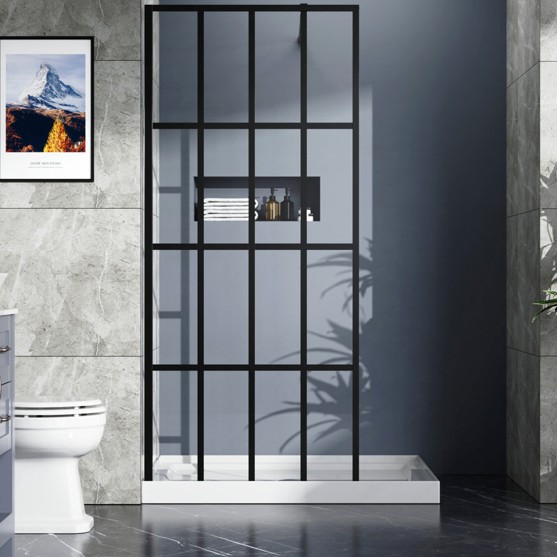 Black Shower Screen 34"X72", Tempered Glass, Simple Installation Walk-In Door Black, Adjustable