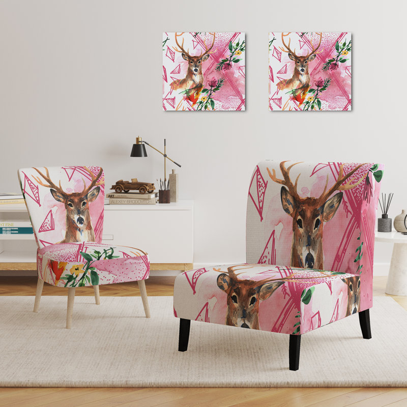 Accent Chair, Beige Floral Pattern Upholstered Decor - Beige Floral Pattern II, Pink/Brown
