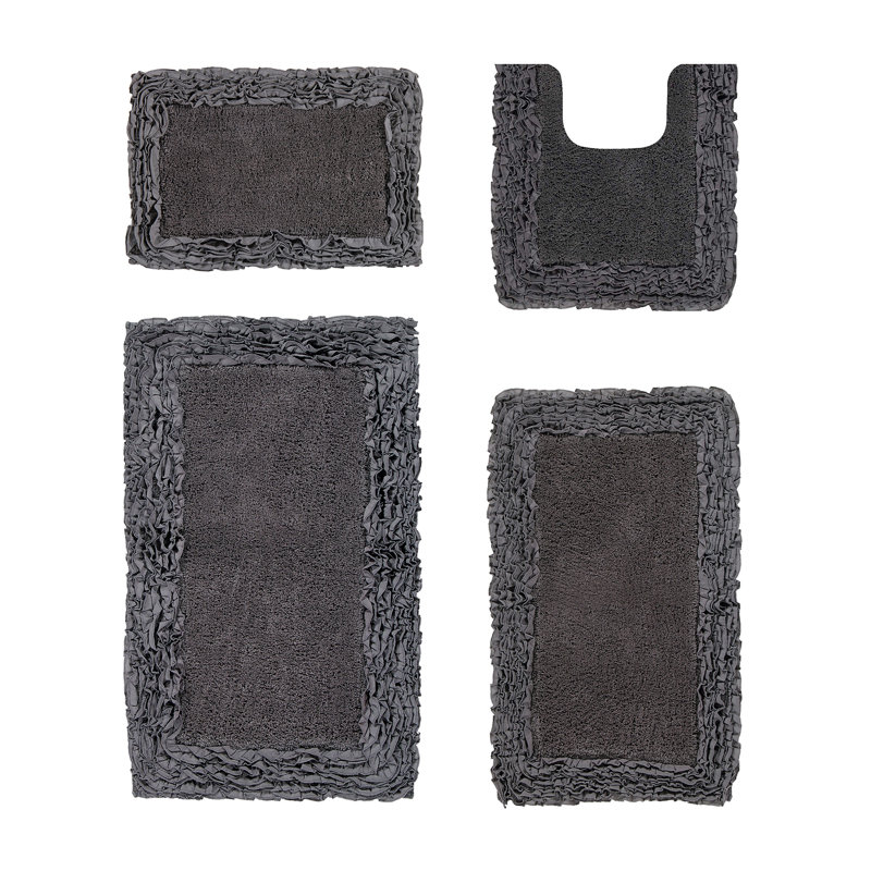 Ensemble de tapis de bain 4 pièces 100% coton 1775 g / m² Courson Premium, certifié OEKO-TEX®, envers en latex antidérapant, motif de volants touffetés moelleux, super absorbant, tapis de salle de bain lavables à la machine, gris