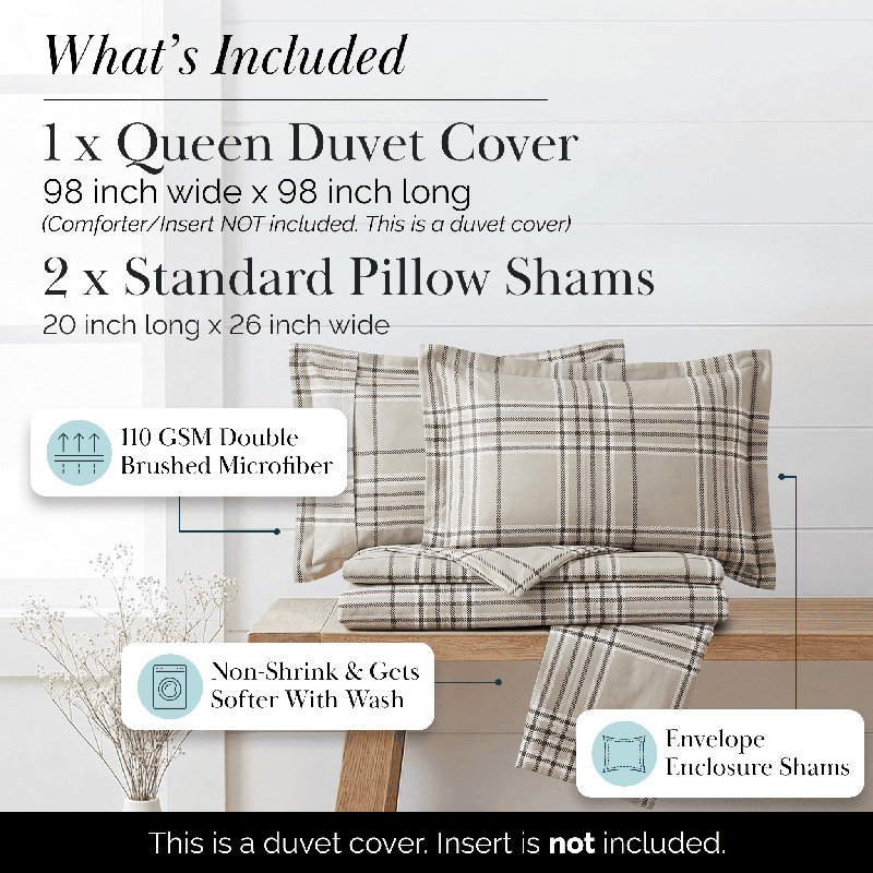 Vilano Plaid Oversized Microfiber Duvet Cover Set by Southshore Fine linens, Full/Queen Duvet Cover + 2 Standard Shams, Mocha