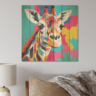 Portrait de girafe coloré I - animal girafe sur bois