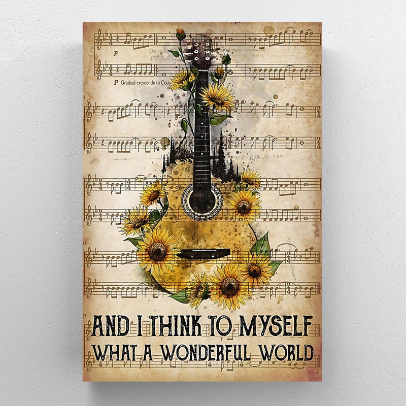 Tournesols sur fond de mélodie de guitare - et je pense à moi quel monde merveilleux - 1 pièce, impression d'art graphique rectangulaire sur toile tendue