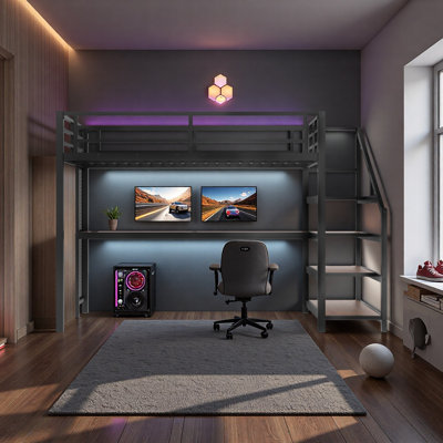 Full Loft Bed With Desk And Storage Stairs, Metal Loft Beds With LED Lights, USB Ports, Multifunctional Iron Nets, No Spring Box Needed And Noise-Free