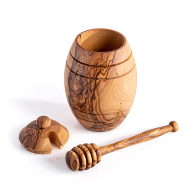 Olive Wood Honey Jar with Dipper Spoon - Handcrafted, Antibacterial Kitchen Essential