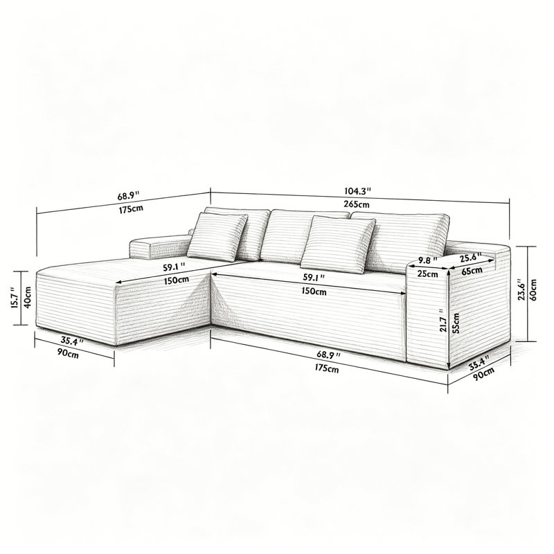 104.3" Cloud Sectional Couch With L-Shape Chaise,Modern Modular Sofa With Deep Seat, Upholstered Couches For Living Room Bedroom,No Assembly Required(Plush Corduroy Fabric)