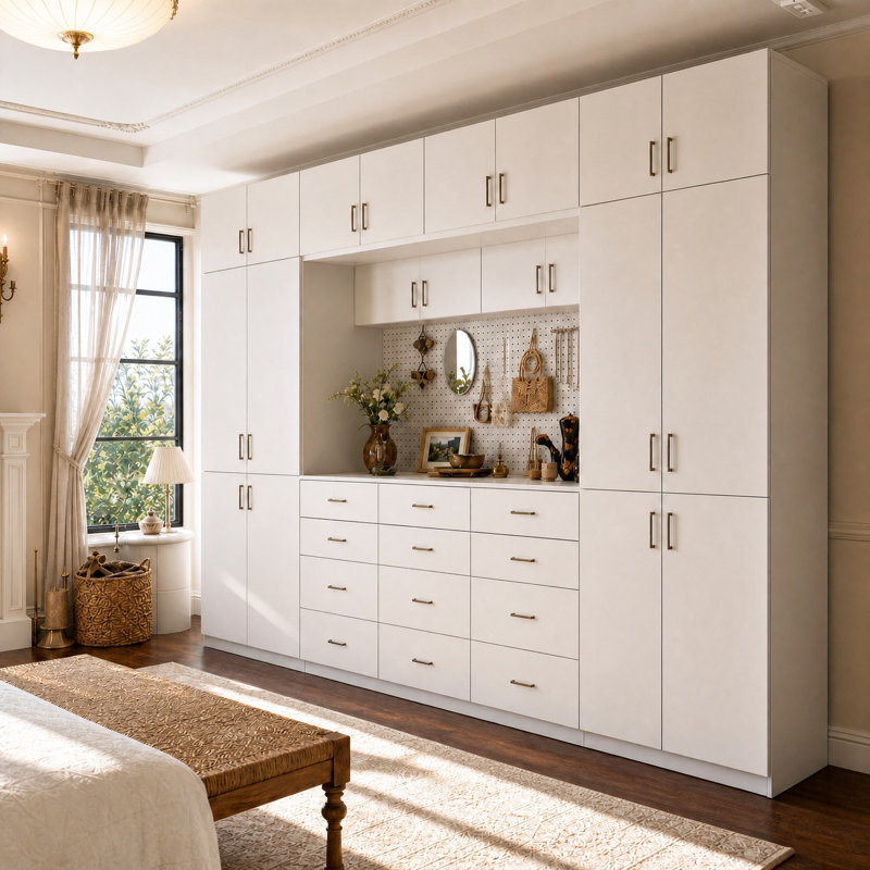 Système d'organisation de garde-robe de 126,1 po de largeur avec rangement perforé, 12 tiroirs et tablettes réglables pour le rangement dans la chambre à coucher