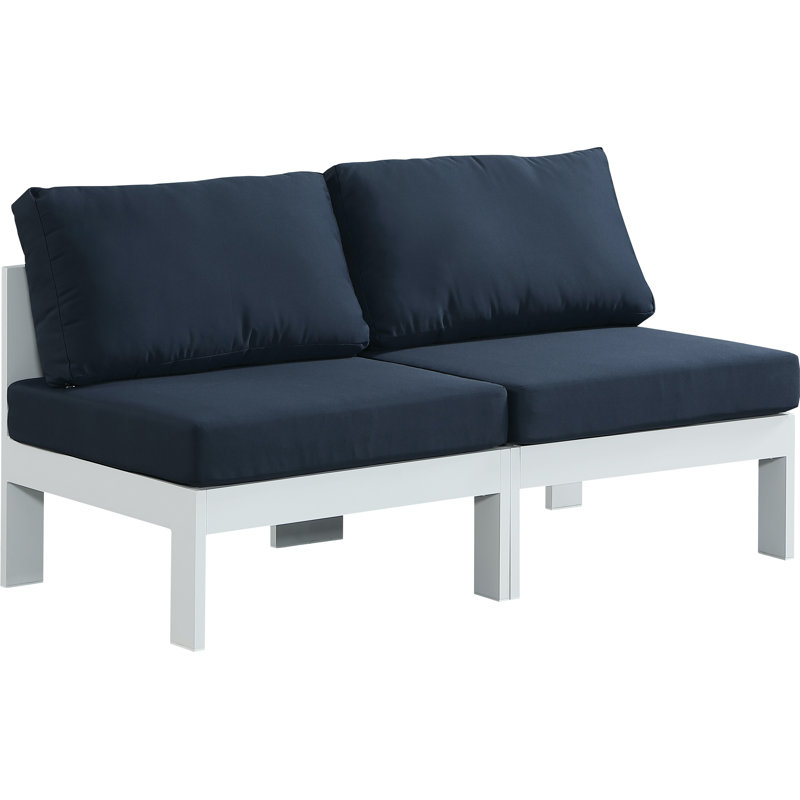 Kylis 60'' Wide Aluminum Loveseat with Cushions, White, Navy
