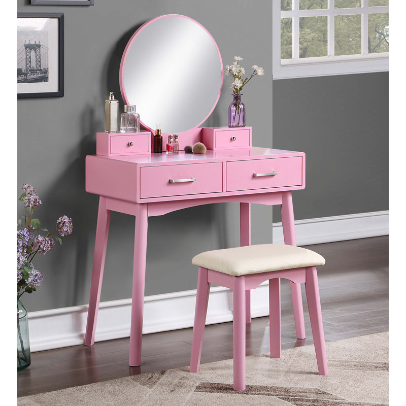 Contemporary Wood Vanity and Stool Set, Pink