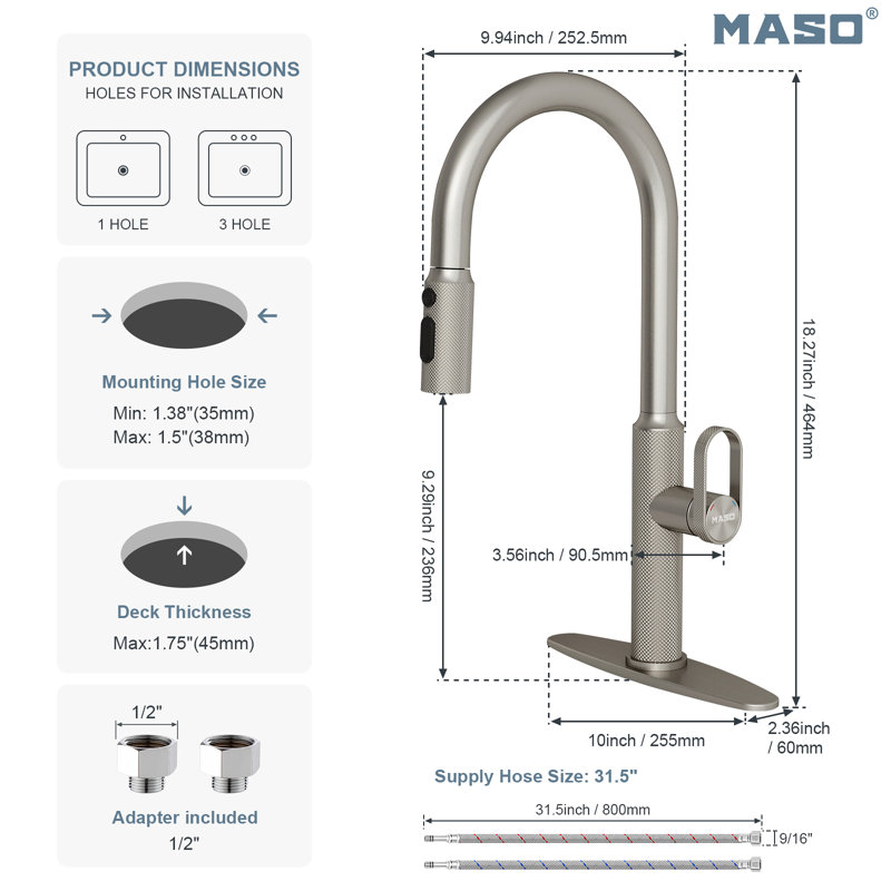 MASO Kitchen Faucet with Pull-Down Sprayer, 3 Spray Modes, Single Handle High Arc Sink Faucet for Kitchen, RV, Laundry and Bar, 304 Stainless Steel, Brushed Nickel
