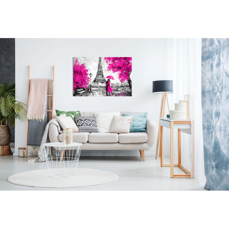 Paris Oil Painting Reproduction Eiffel Tower - Wrapped Canvas Print, 31cm H x 46cm W, Pink