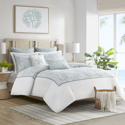 Full/queen Duvet Cover - 100% Cotton For Seaside Cottages, Dark And Sand Dollar Embroidery, Button Closure, 4 Inner Ties, , 2 Standard Shams Mini Embroidery Ocean Views, Excludes Insert,