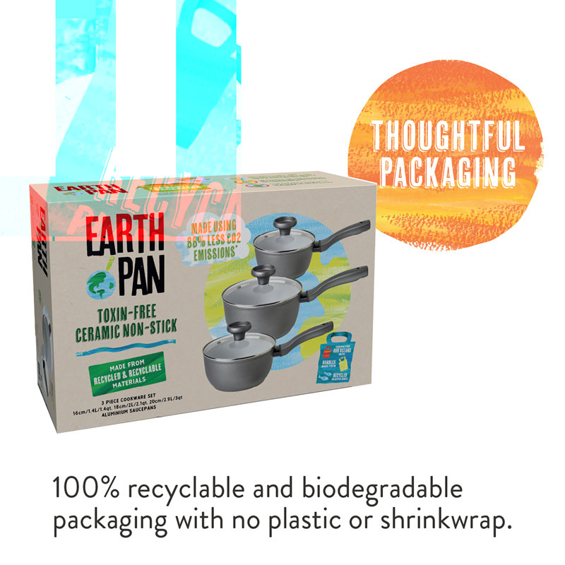 Earthpan Recycled induction Dishwasher Safe 3 Piece Saucepan Set with Toughened Glass Lids -16cm, 18cm and 20cm