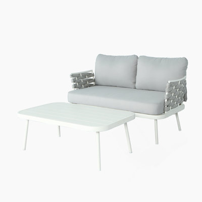 Causeuse et table en acier, blanc cassé et vert
