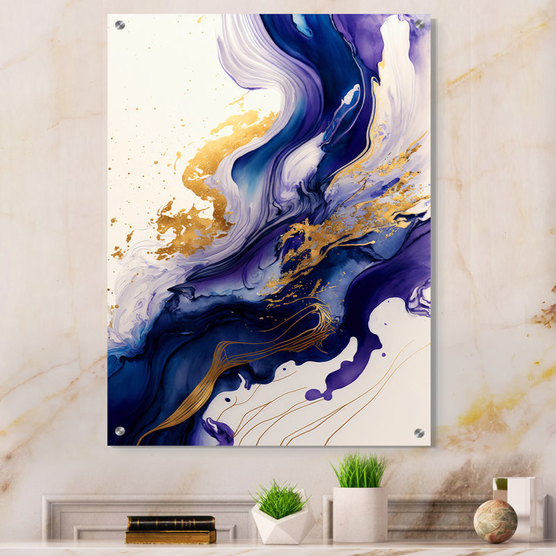 «Blue and Gold Splash Paint», art mural moderne abstrait en spirale en acrylique, H 40 po x l 30 po