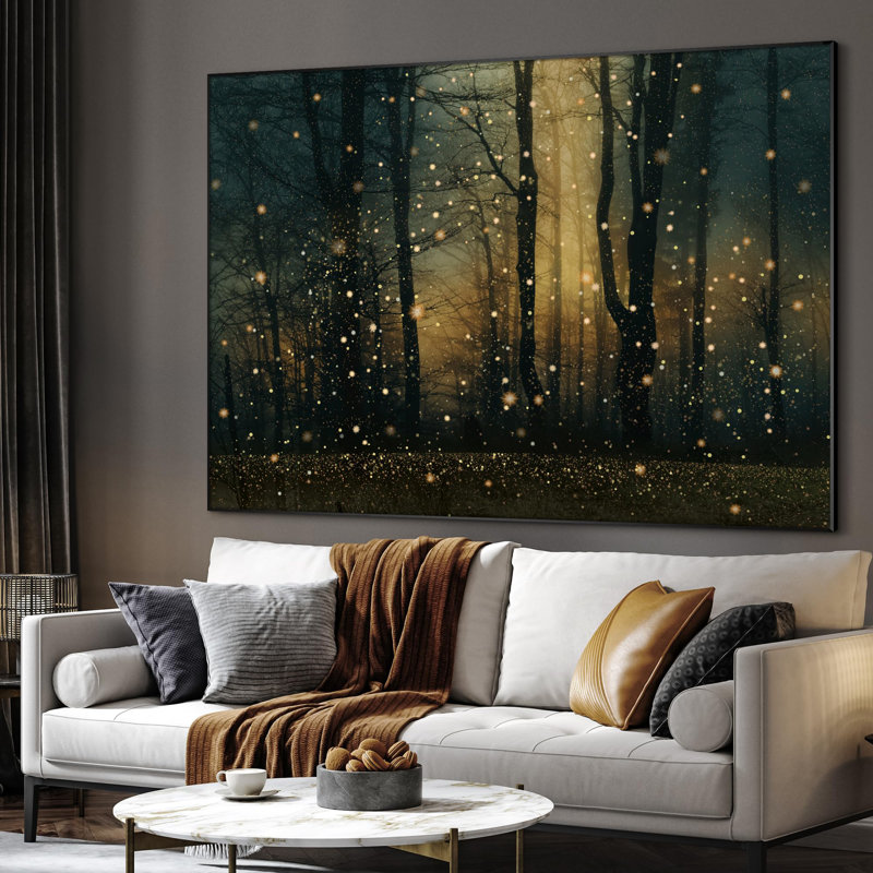 Très grande reproduction d'art sur toile - Forêt de lucioles magiques au crépuscule, décor de scène de nature enchantée pour le salon ou la chambre à coucher - «Assemblage requis du cadre (cadre non fini)»