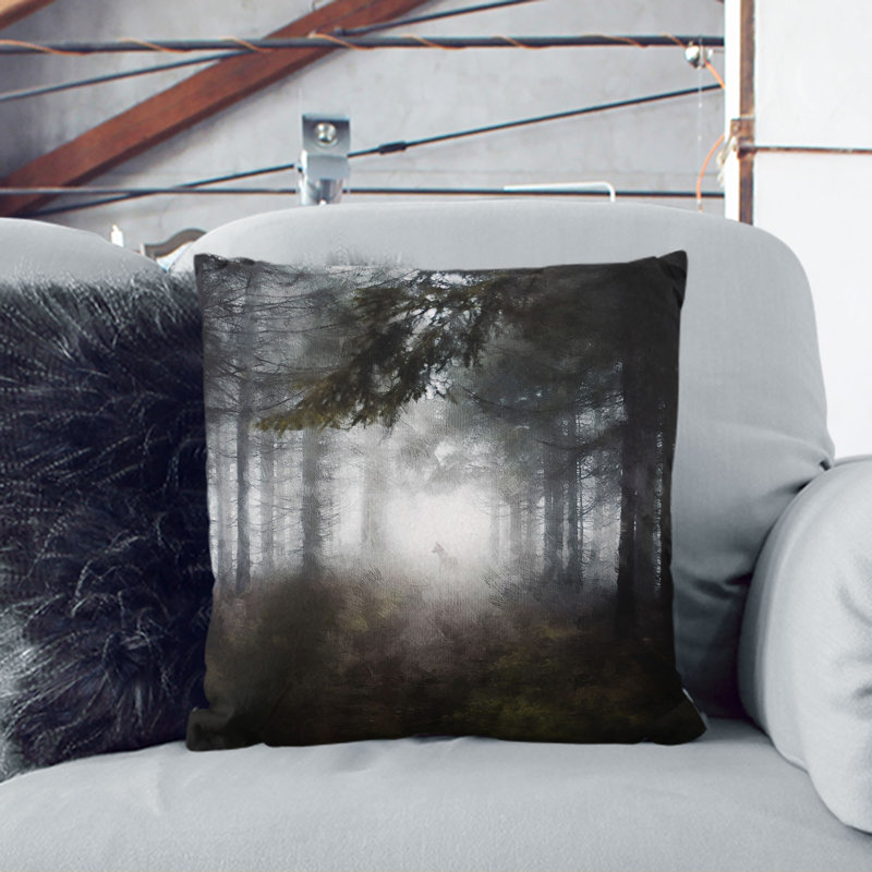 Wolf in a Forest Painting Cushion with Filling, White, 55cm H x 55cm W x 20cm D