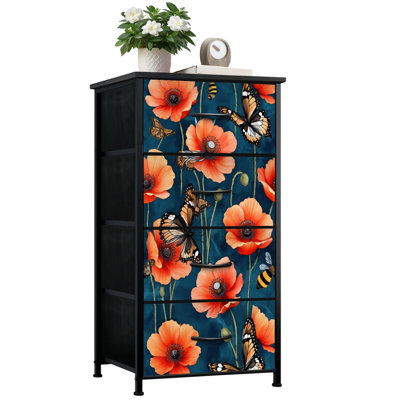 Commode pour la chambre à coucher avec 4 tiroirs de rangement Vibrant Orange Flowers Butterflies Deep Teal Commode Commode en tissu avec cadre en acier pour chambre d'enfant