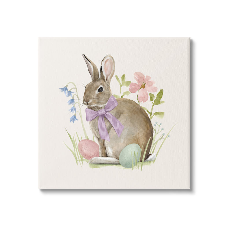 Lapin de printemps, œufs de Pâques, fleurs en fleurs, giclée noire encadrée, art texturé par Victoria Barnes, Toile tendue