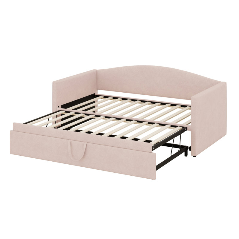 Daybed With Extended Pop Up Trundle, Upholstered Sofa Bed Daybed, Space-Saving To Design For Guest Room, Velvet, Pink
