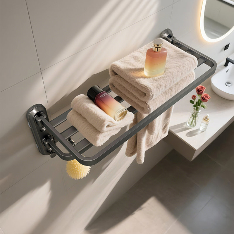 Porte-serviettes mural pliable FIESONO sans perçage, 50 cm (20 pouces), double barre, à ventouses et 5 crochets. Parfait pour les toilettes, le lavabo et la douche. Économie d'espace indispensable.