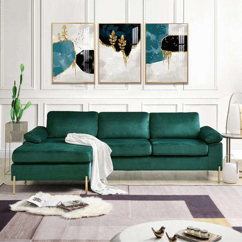 Canapé modulaire en velours avec méridienne, Face à la droite, Velours vert