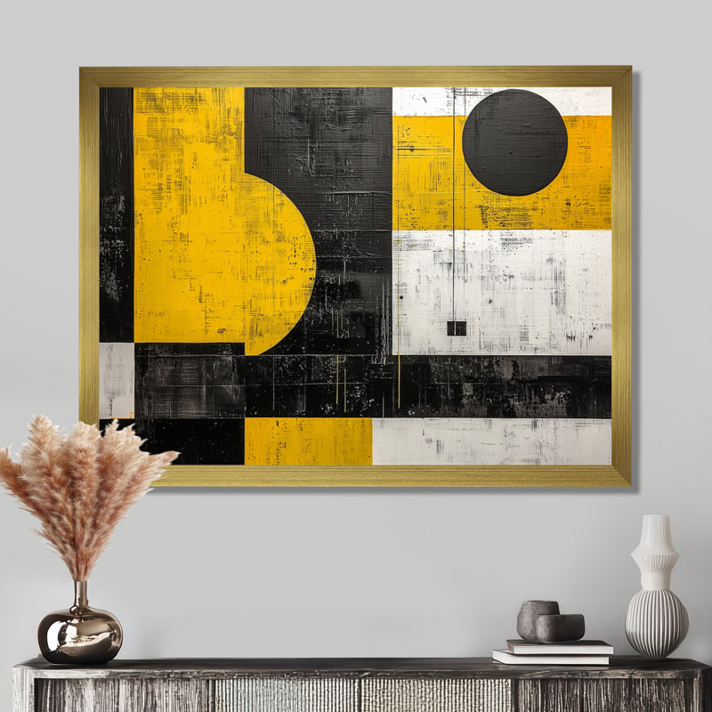 «Geometric Pulse Cubism I» - Art mural abstrait géométrique, Reproduction encadrée d'une seule photo sans pass, Doré